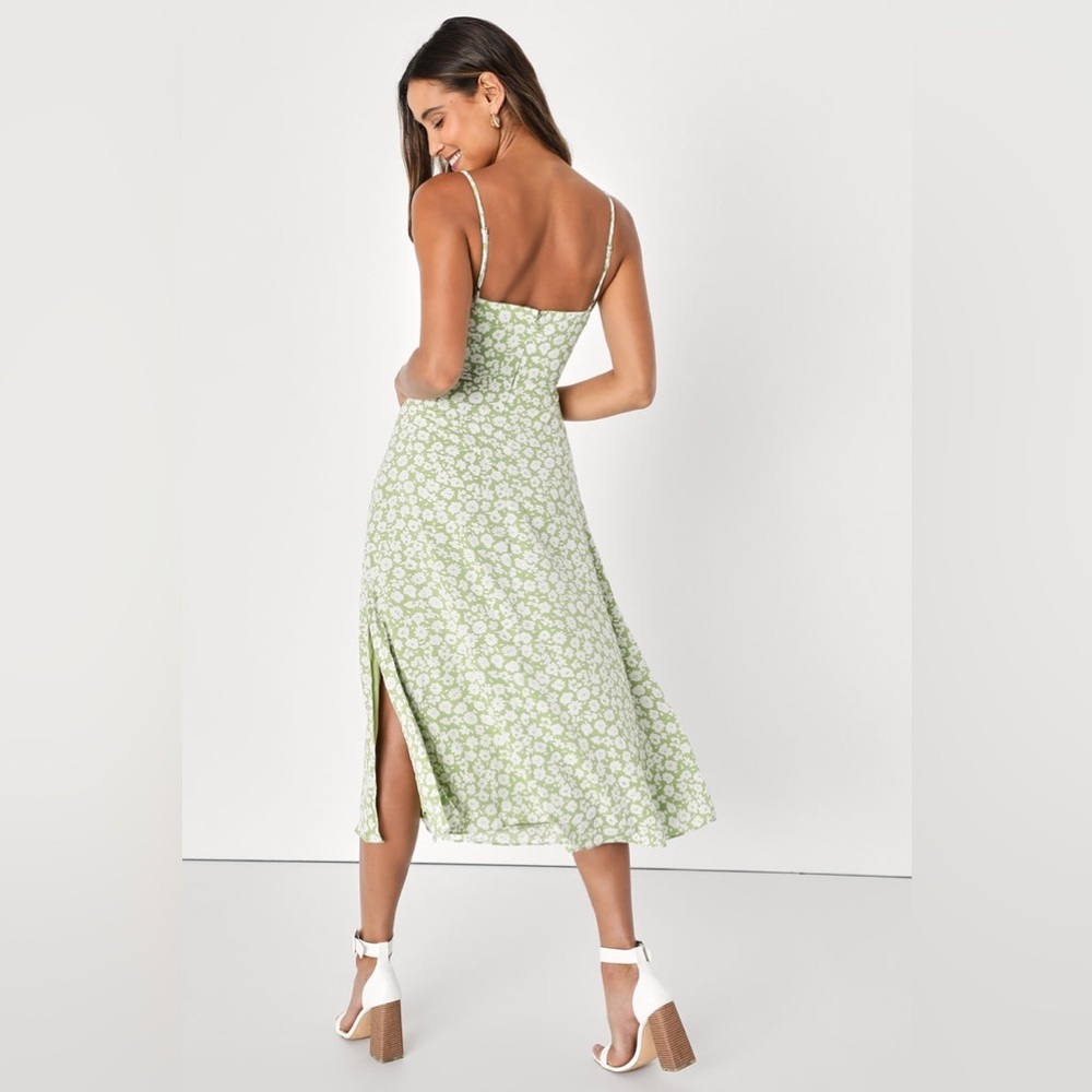 NEW Lulu’s x Lush Timeless Touch Green Floral Print A-Line Midi Dress - Picture 4 of 12